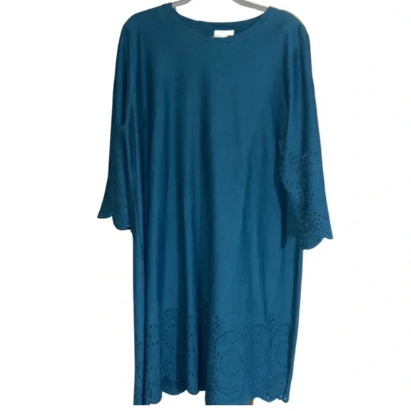J. Jill Pacific Teal Eyelet Trimmed Cotton Dress Size Large - Picture 4 of 10